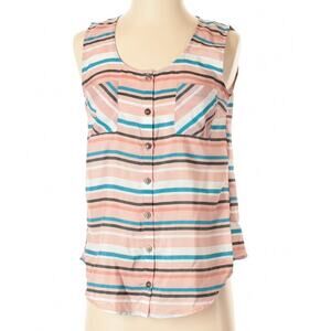 Edge Striped Sleeveless Pink & Blue & White Button Down Blouse